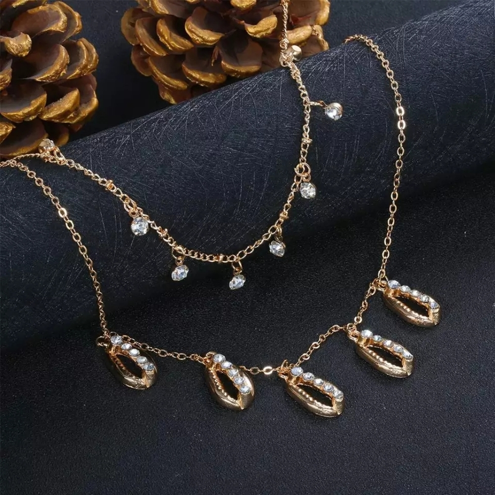 Rhinestone Conch Cowrie Shell Lariat Layer Necklace - Picture 4 of 5